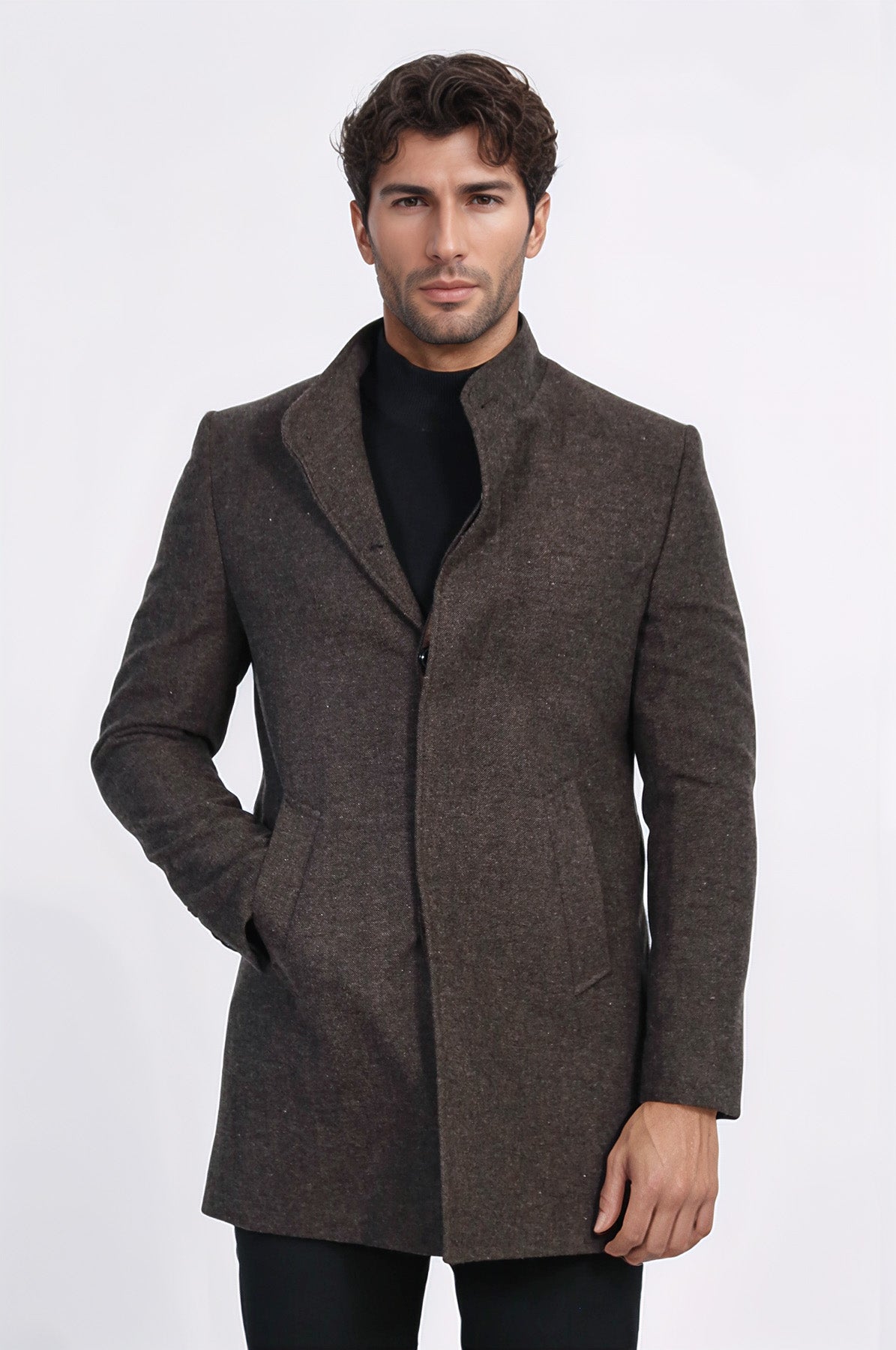 Mandarin Collar Brown Short Coat - Wessi