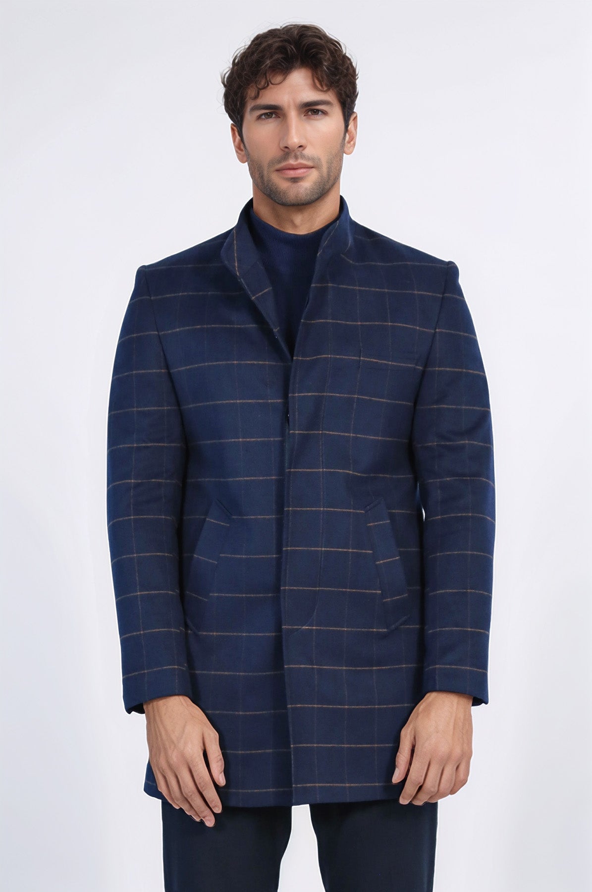 Plaid Standing Collar Navy Blue Men Coat - Wessi