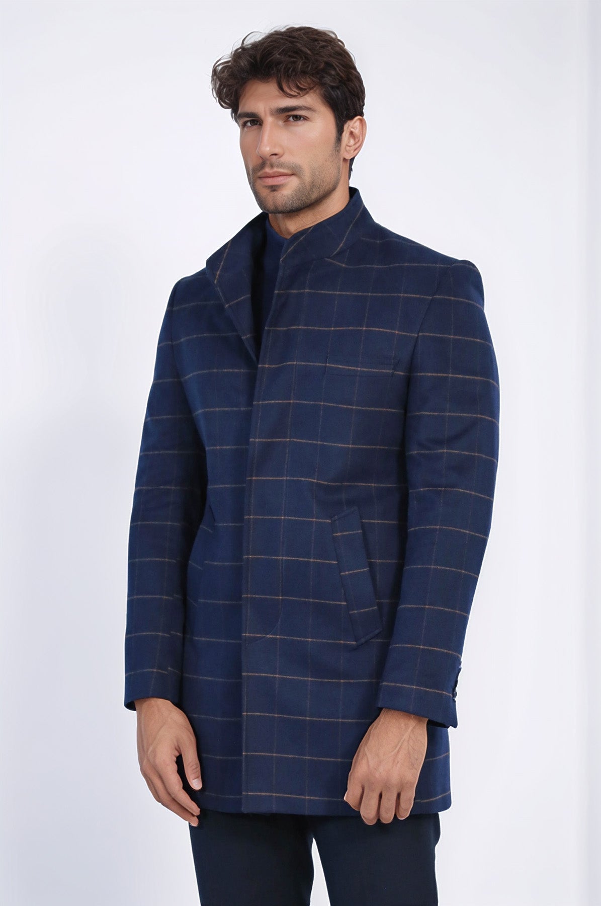 Plaid Standing Collar Navy Blue Men Coat - Wessi