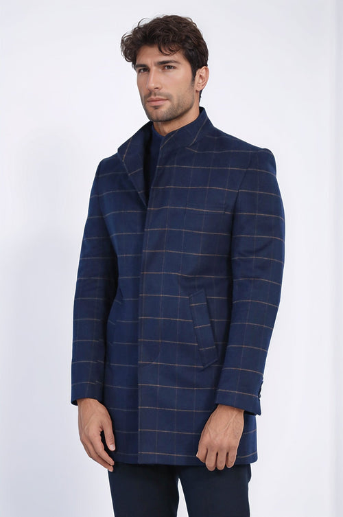 Plaid Standing Collar Navy Blue Men Coat - Wessi