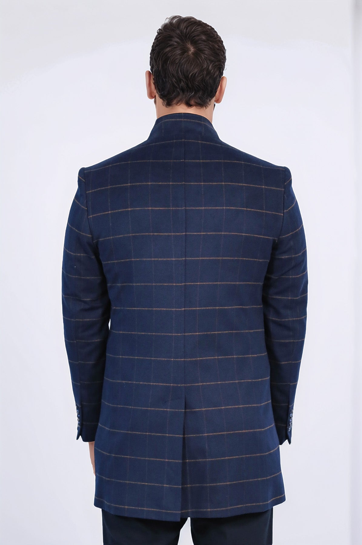 Plaid Standing Collar Navy Blue Men Coat - Wessi