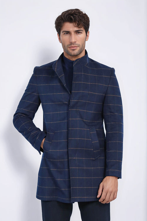 Plaid Standing Collar Navy Blue Men Coat - Wessi