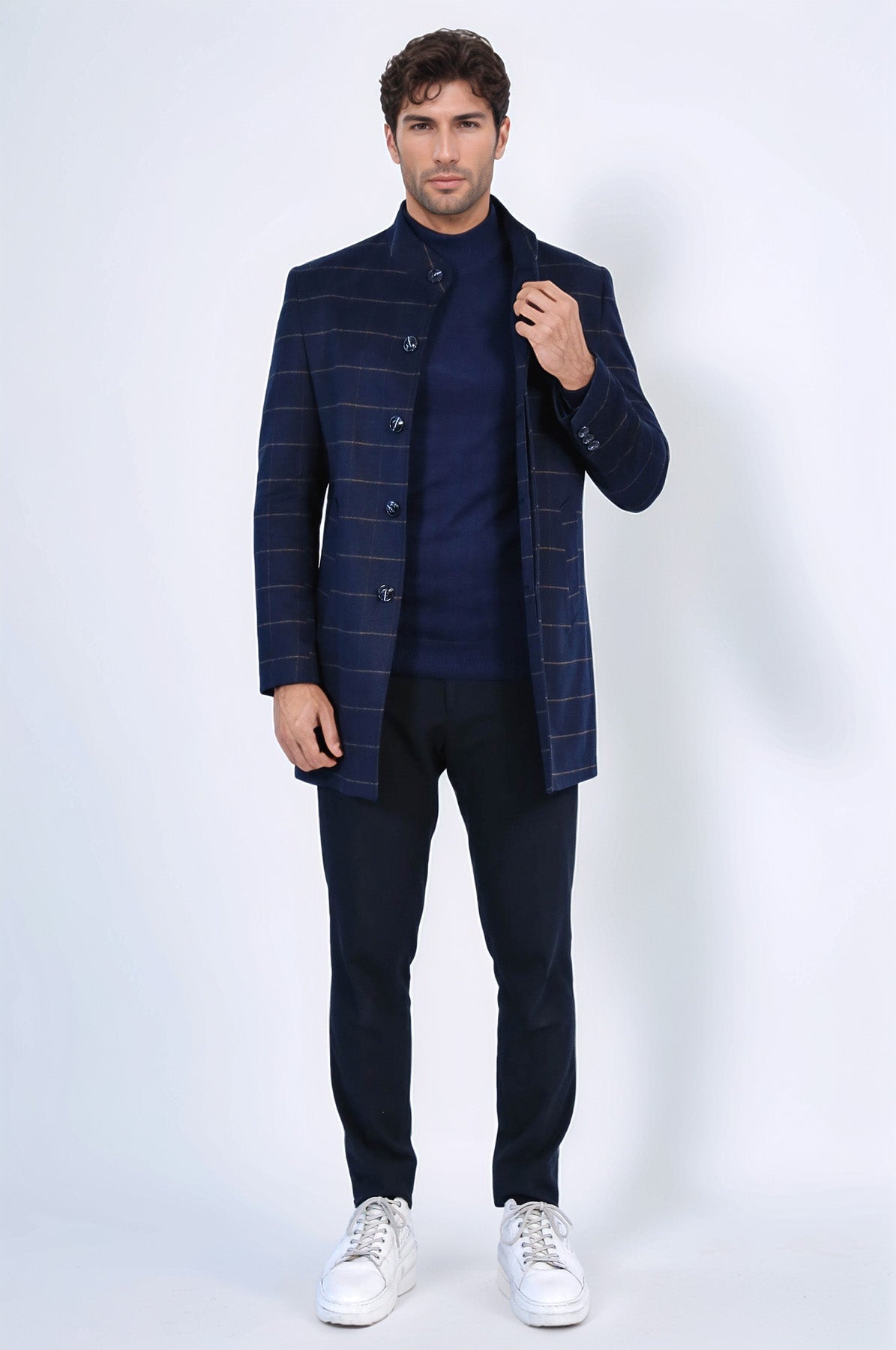 Plaid Standing Collar Navy Blue Men Coat - Wessi