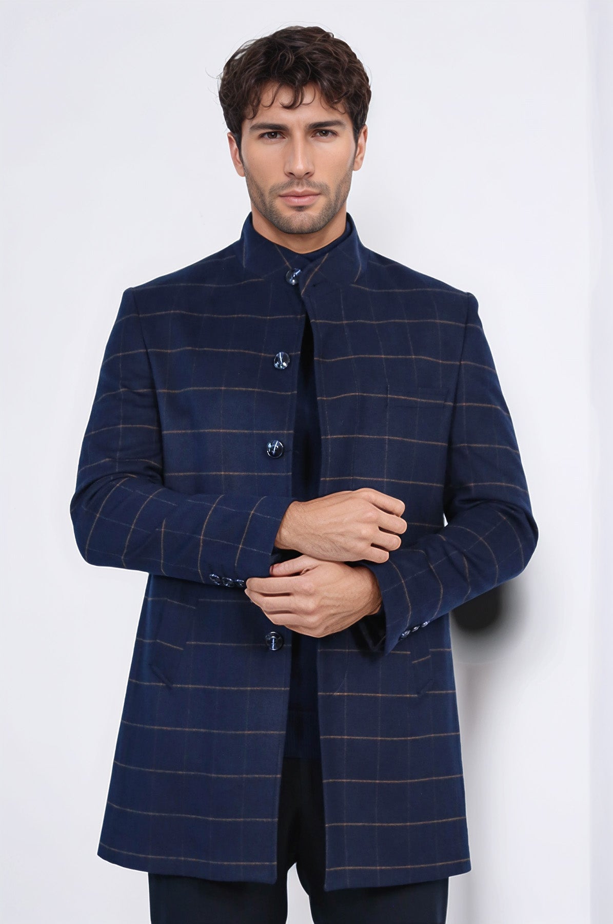 Plaid Standing Collar Navy Blue Men Coat - Wessi