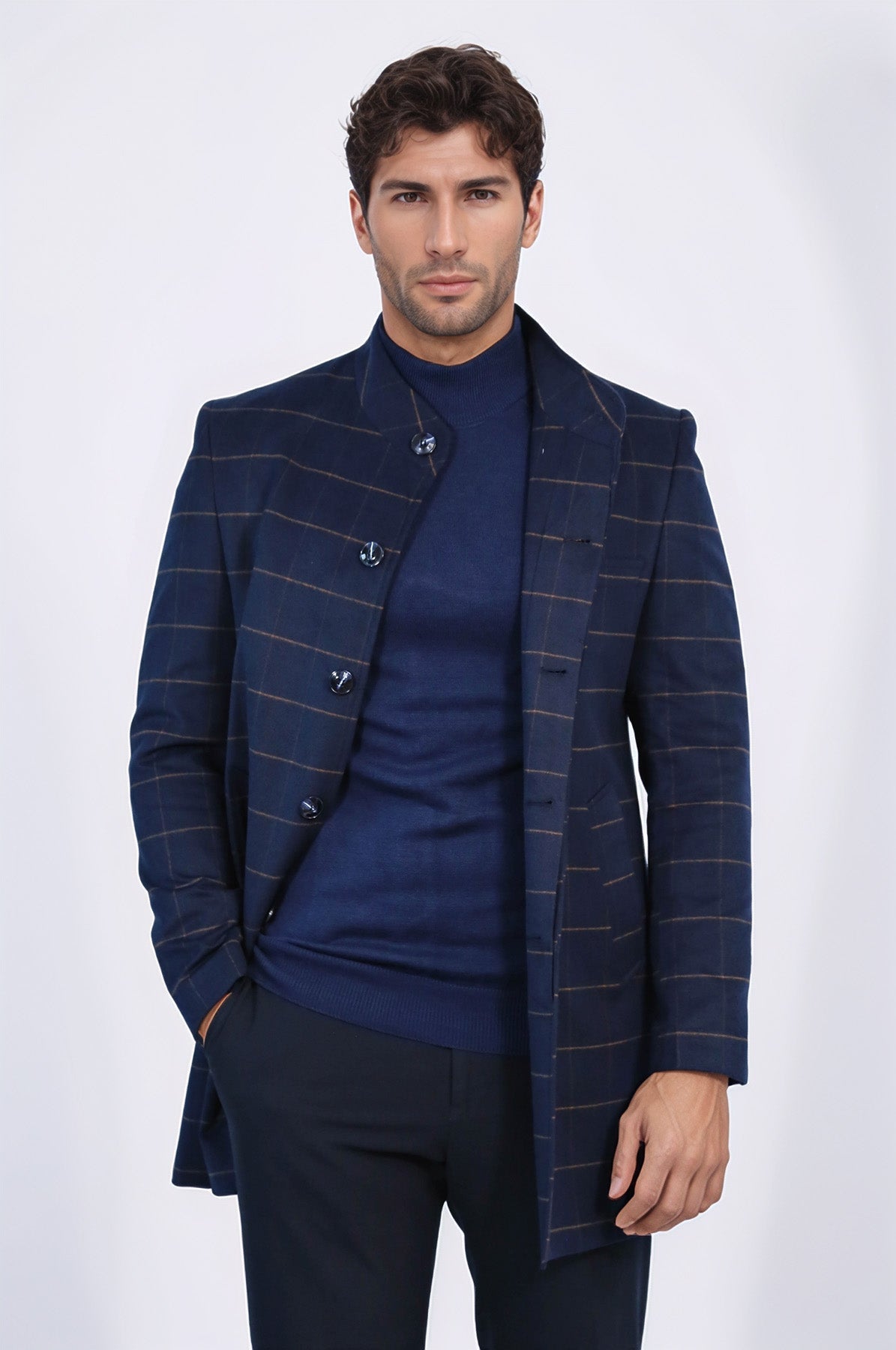 Plaid Standing Collar Navy Blue Men Coat - Wessi