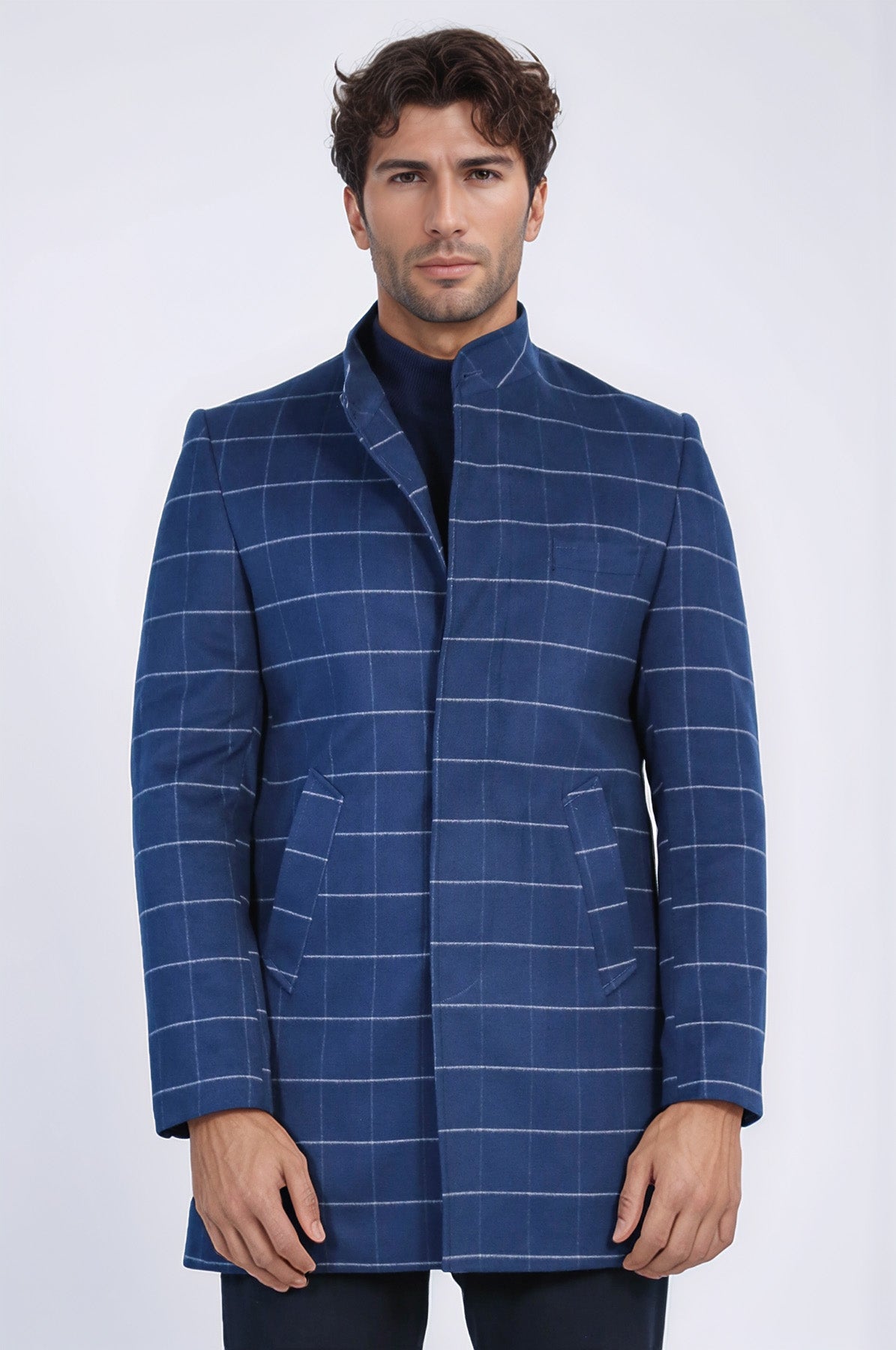 Standing Collar Plaid Blue Men Coat - Wessi