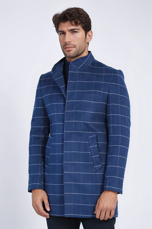 Standing Collar Plaid Blue Men Coat - Wessi
