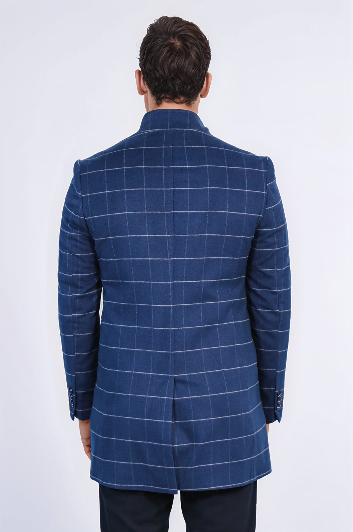 Standing Collar Plaid Blue Men Coat - Wessi