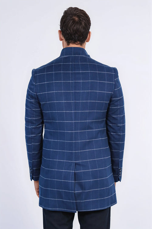 Standing Collar Plaid Blue Men Coat - Wessi