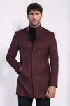 Mandarin Collar Burgundy Checked Coat - Wessi