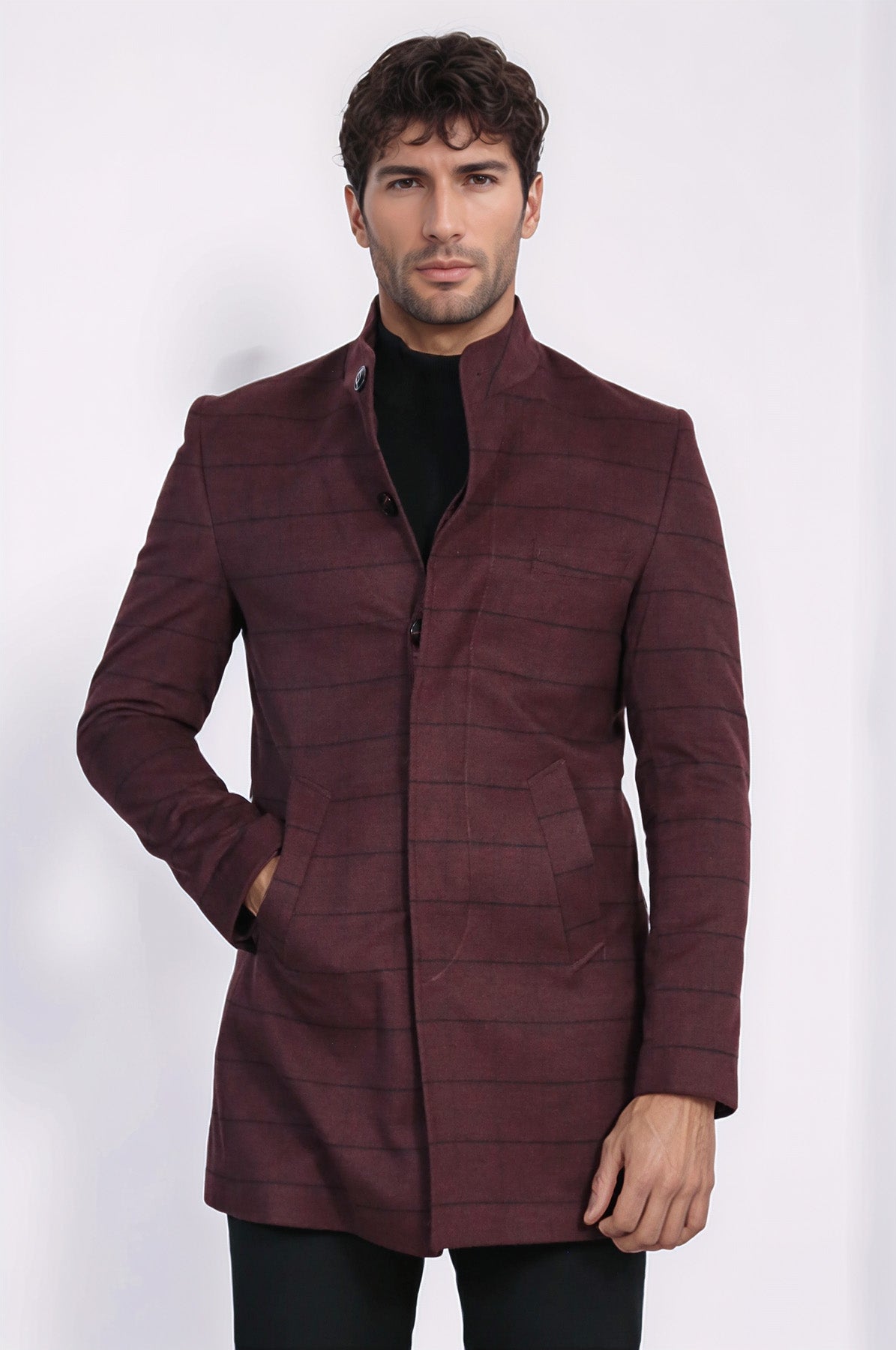 Mandarin Collar Burgundy Checked Coat - Wessi