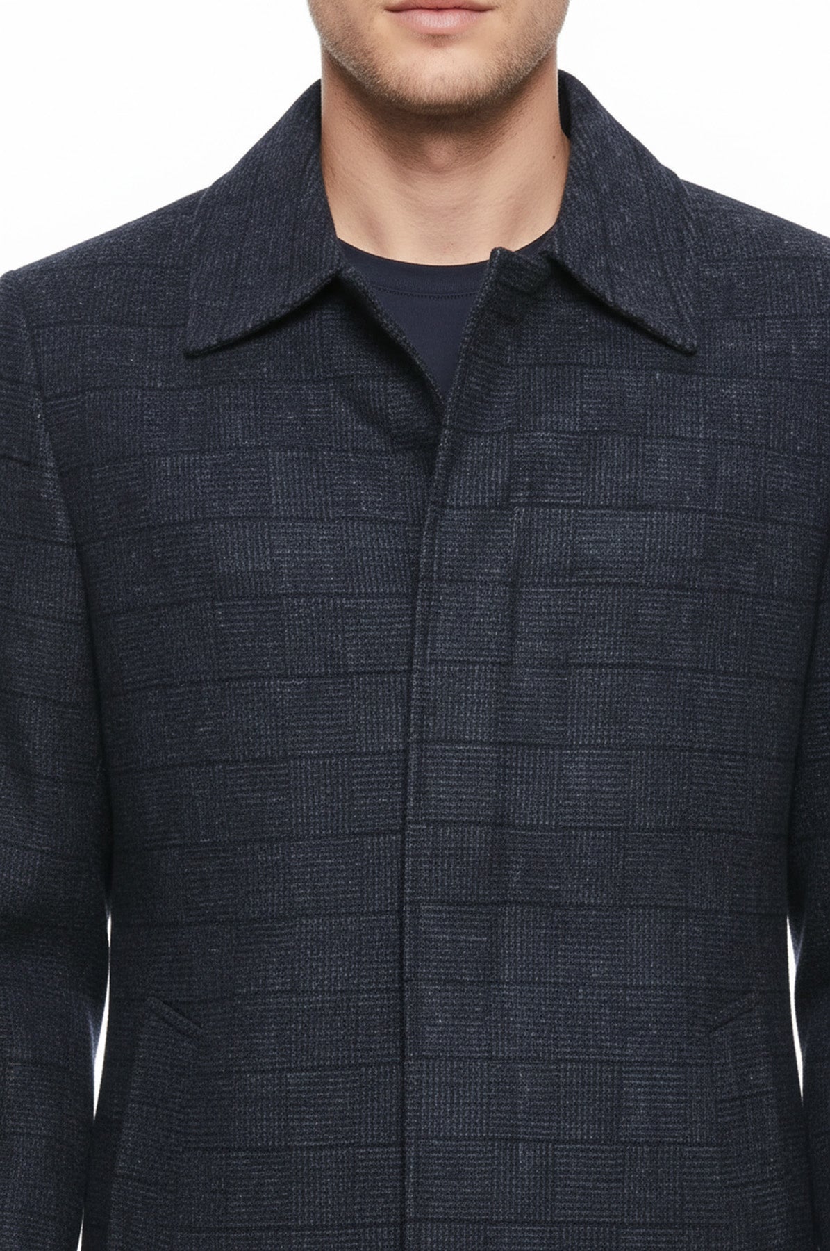 Navy Checked Hidden Button Peak Lapel Coat - Wessi