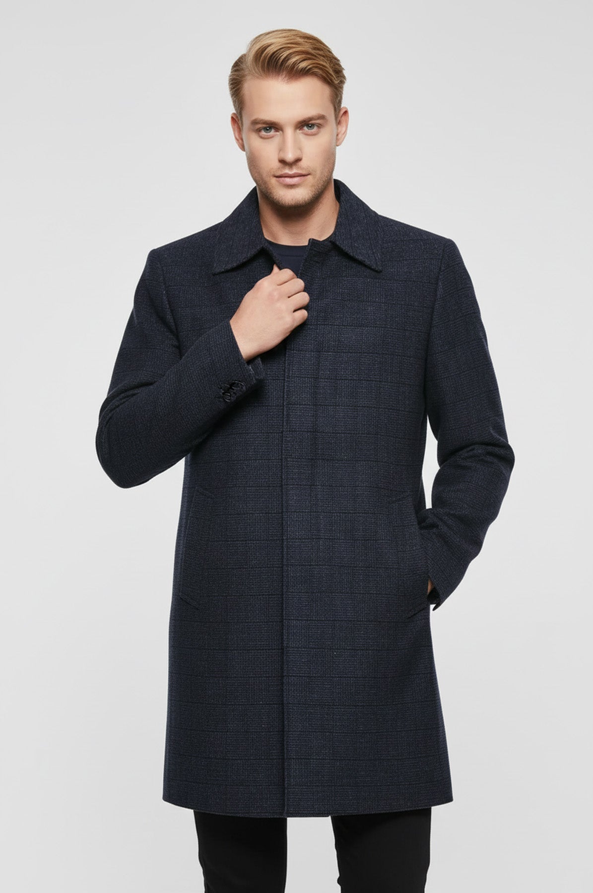 Navy Checked Hidden Button Peak Lapel Coat - Wessi