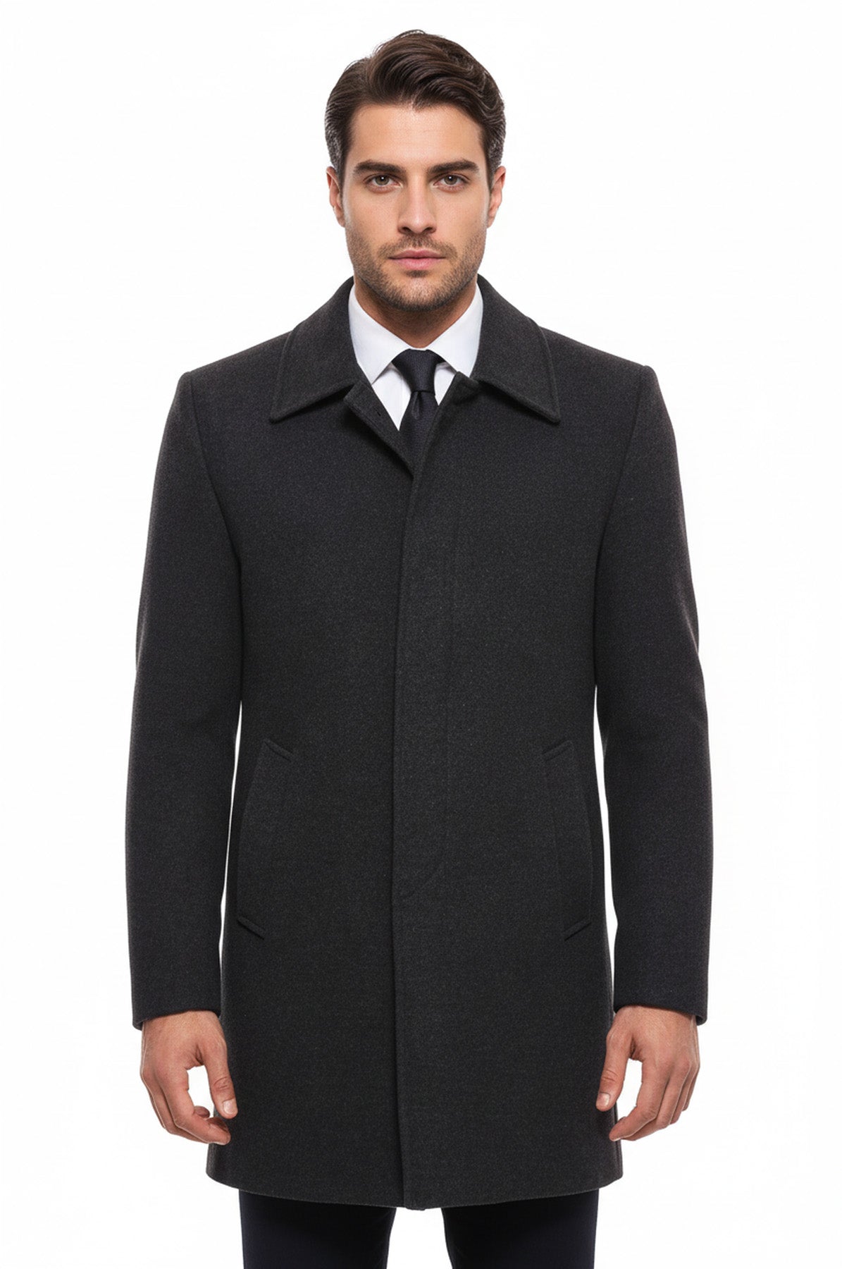 Anthracite Hidden Button Peak Lapel Coat - Wessi