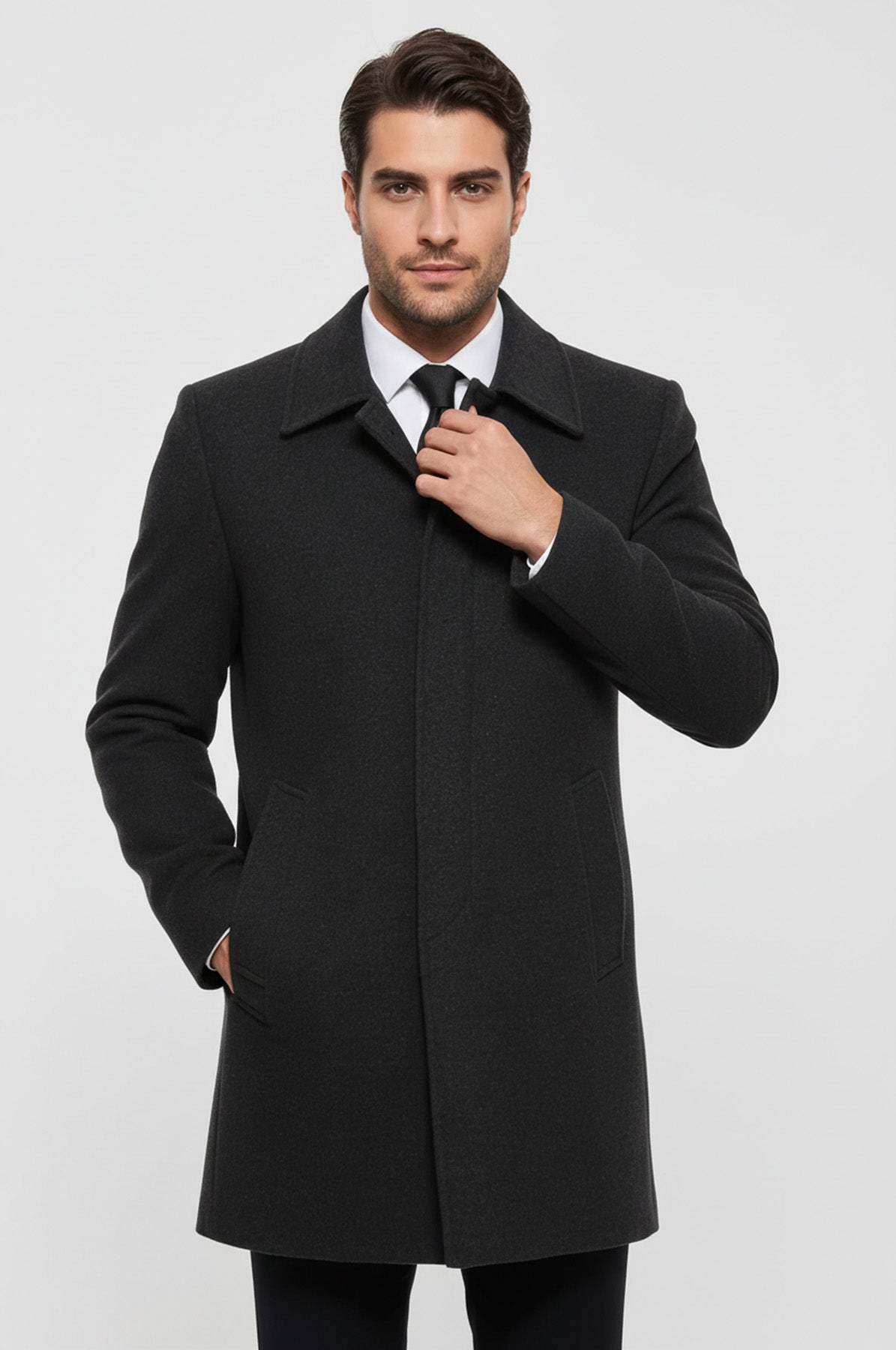 Anthracite Hidden Button Peak Lapel Coat - Wessi
