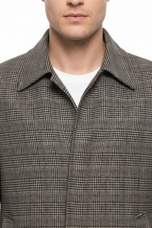 Brown Checked Hidden Button Coat - Wessi