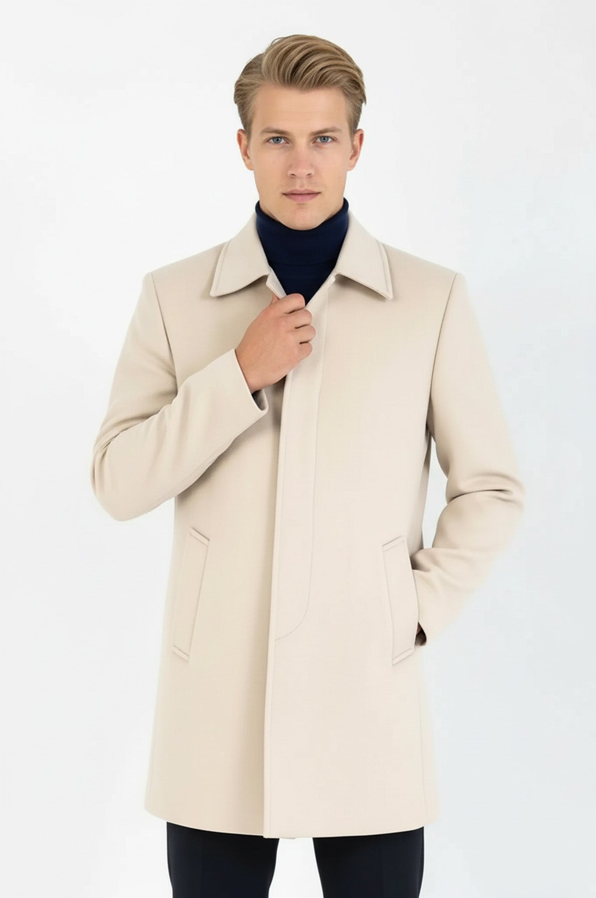 Plain Hidden Button Beige Men Coat - Wessi