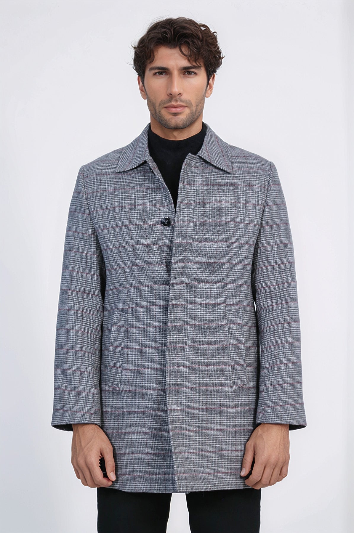 Grey Checked Hidden Button Peak Lapel Coat - Wessi