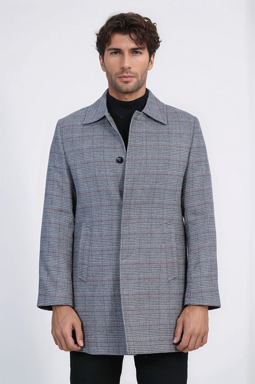 Grey Checked Hidden Button Peak Lapel Coat - Wessi