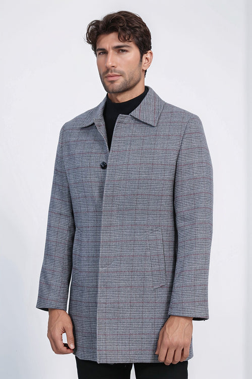 Grey Checked Hidden Button Peak Lapel Coat - Wessi