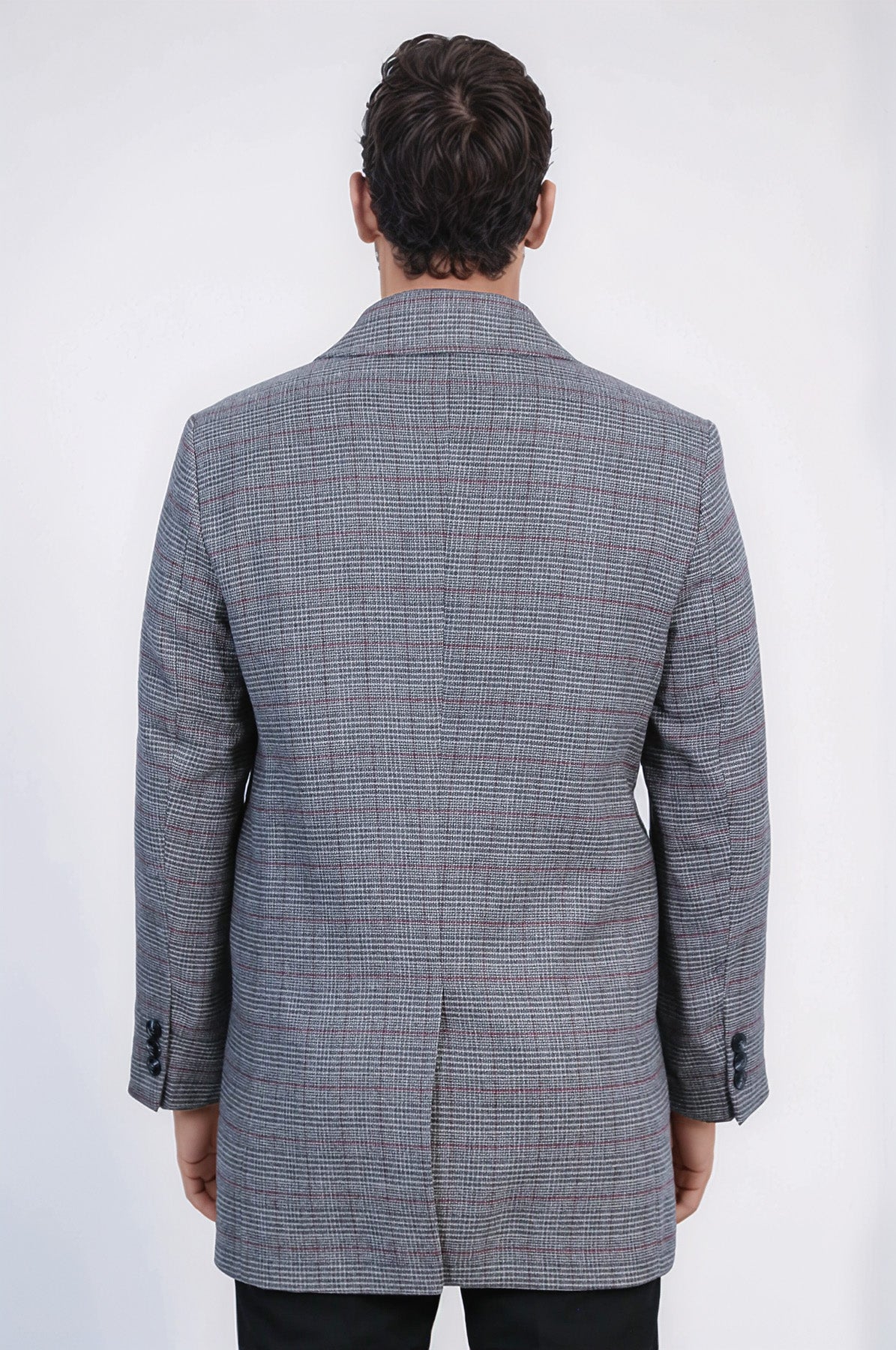 Grey Checked Hidden Button Peak Lapel Coat - Wessi