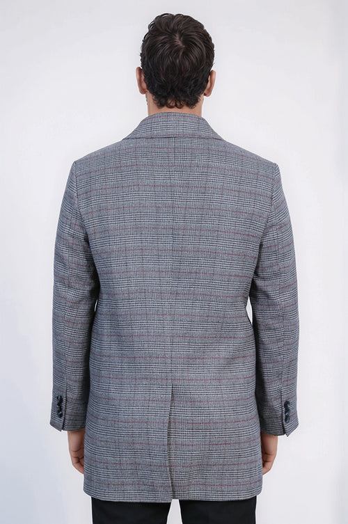 Grey Checked Hidden Button Peak Lapel Coat - Wessi