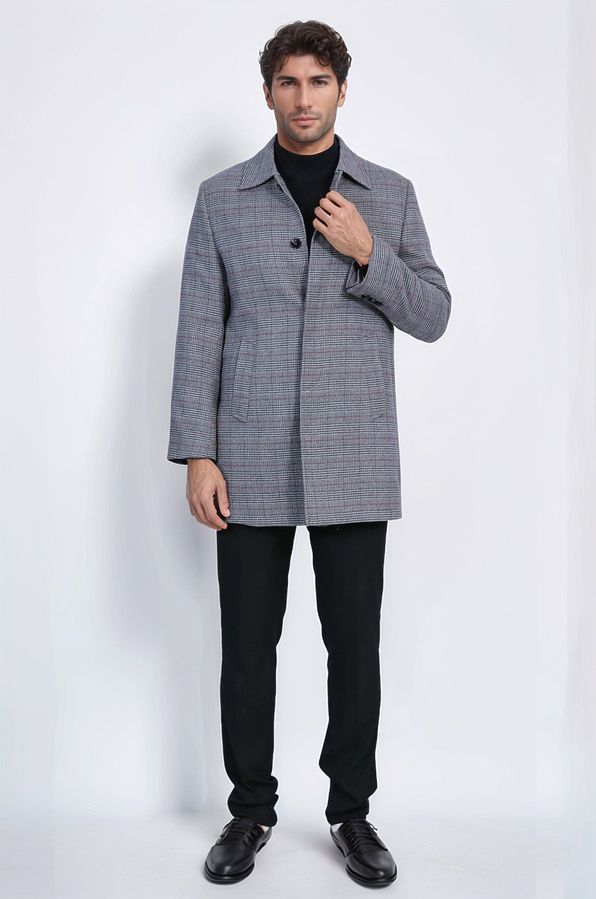 Grey Checked Hidden Button Peak Lapel Coat - Wessi
