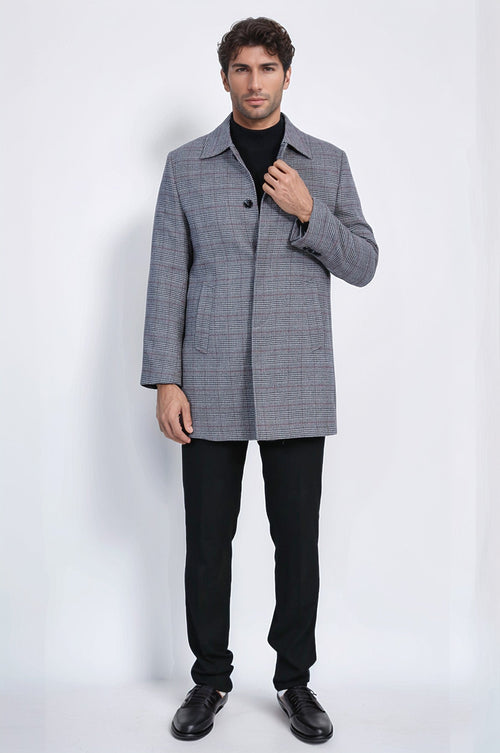 Grey Checked Hidden Button Peak Lapel Coat - Wessi