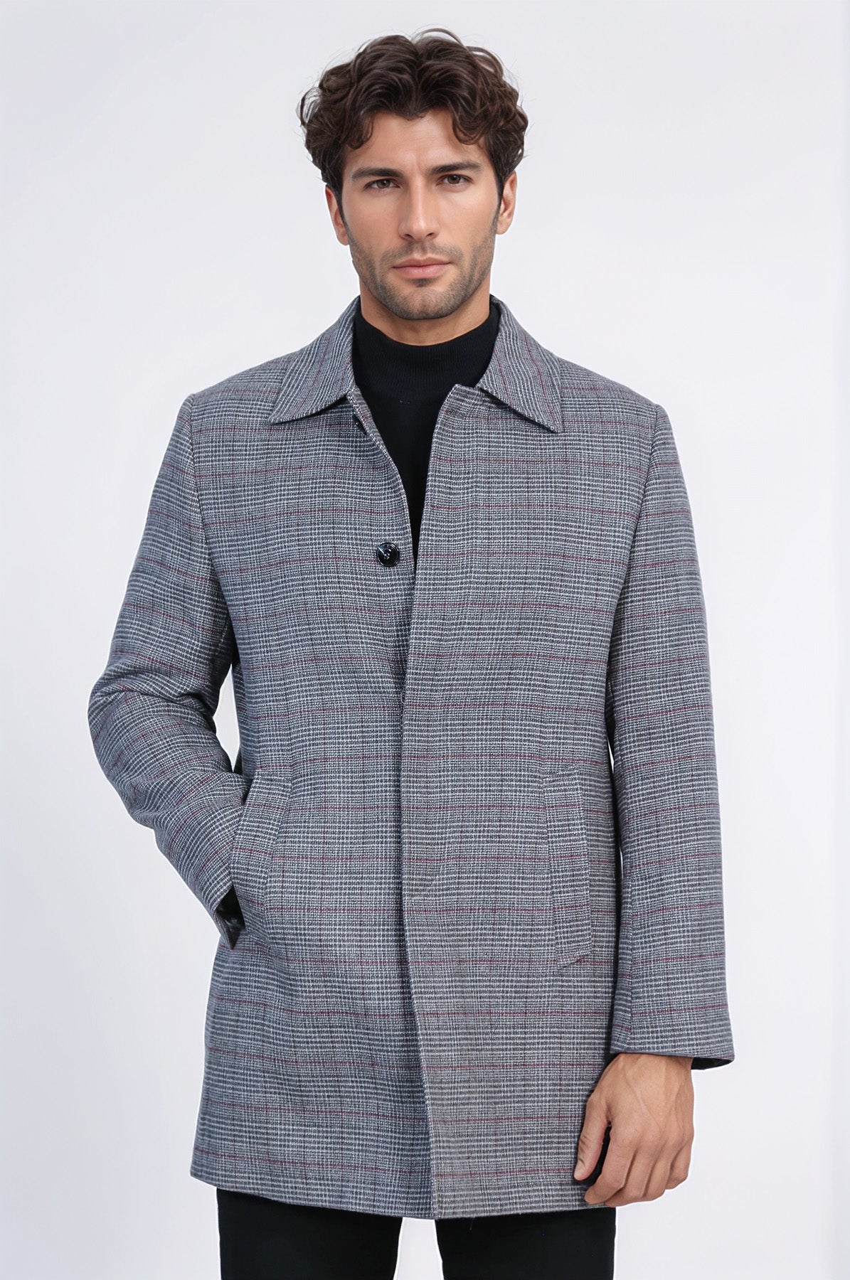 Grey Checked Hidden Button Peak Lapel Coat - Wessi