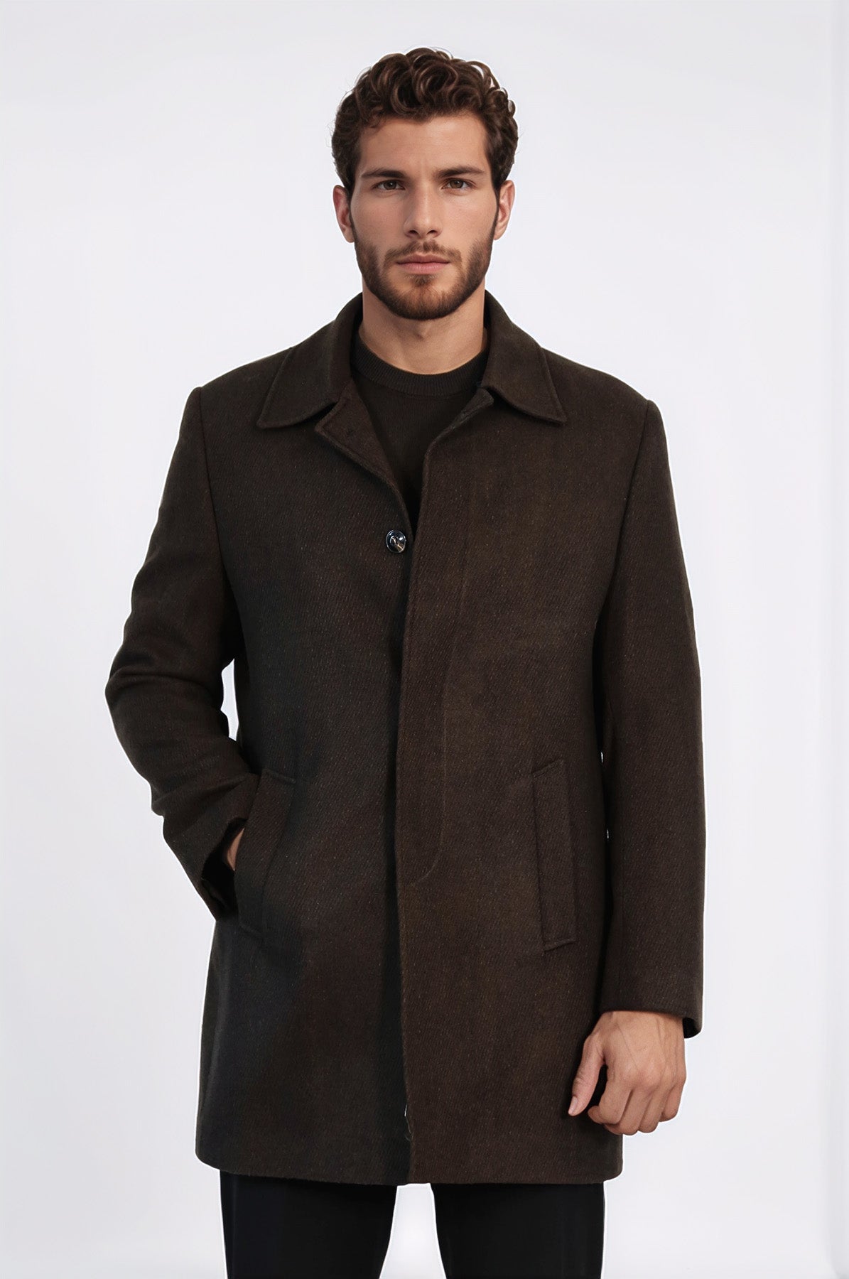 Brown Hidden Button Peak Lapel Coat - Wessi