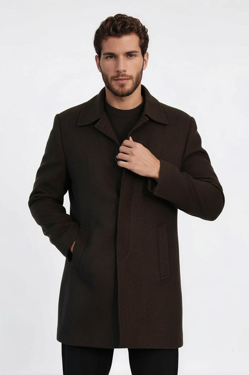 Brown Hidden Button Peak Lapel Coat - Wessi