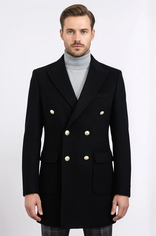 Metal Buttoned Double Breasted Black Men Long Coat - Wessi