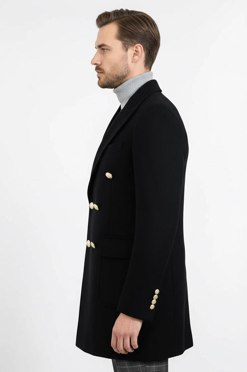 Metal Buttoned Double Breasted Black Men Long Coat - Wessi