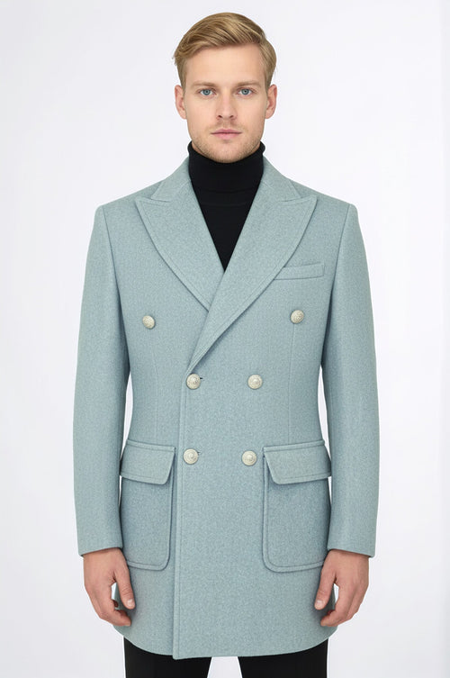 Metal Buttons Wool Cashmere Light Blue Men Double Breasted Coat - Wessi