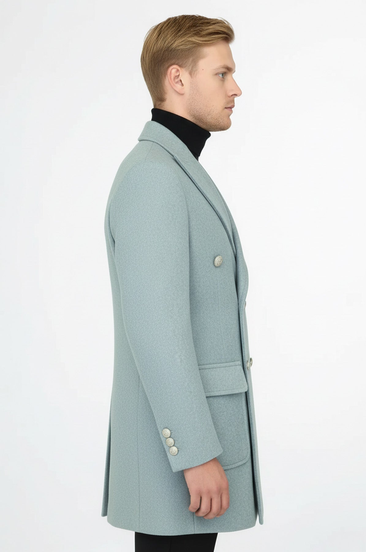 Metal Buttons Wool Cashmere Light Blue Men Double Breasted Coat - Wessi