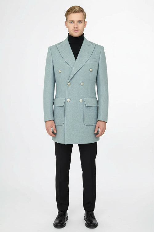 Metal Buttons Wool Cashmere Light Blue Men Double Breasted Coat - Wessi