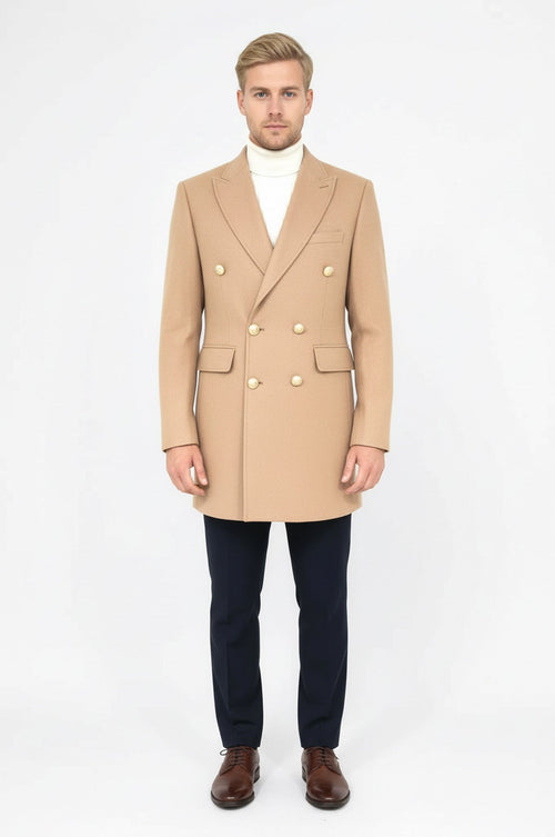 Metal Buttoned Double Breasted Cream Men Coat - Wessi