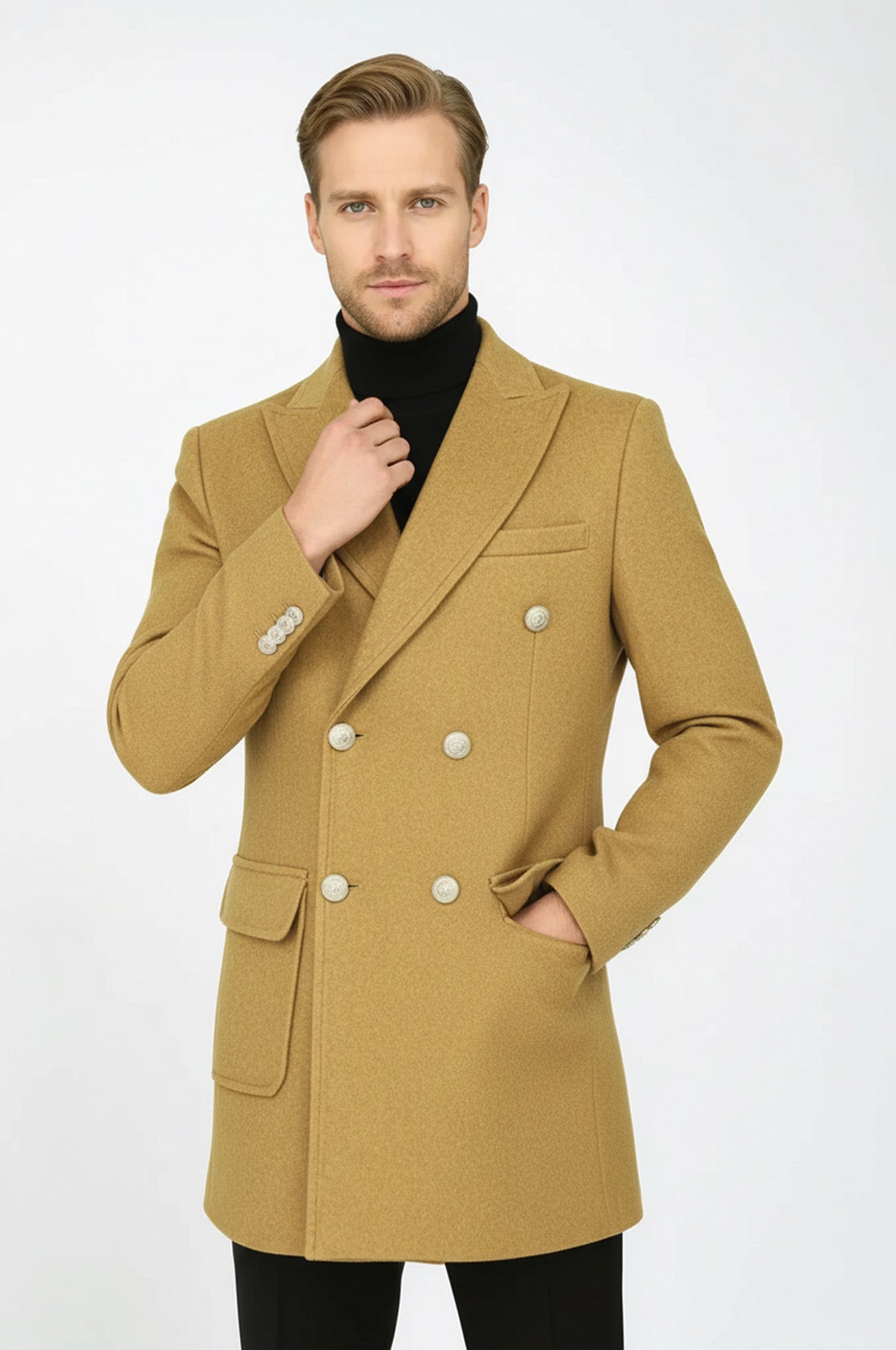 Metal Buttons Wool Cashmere Tan Men Double Breasted Coat - Wessi