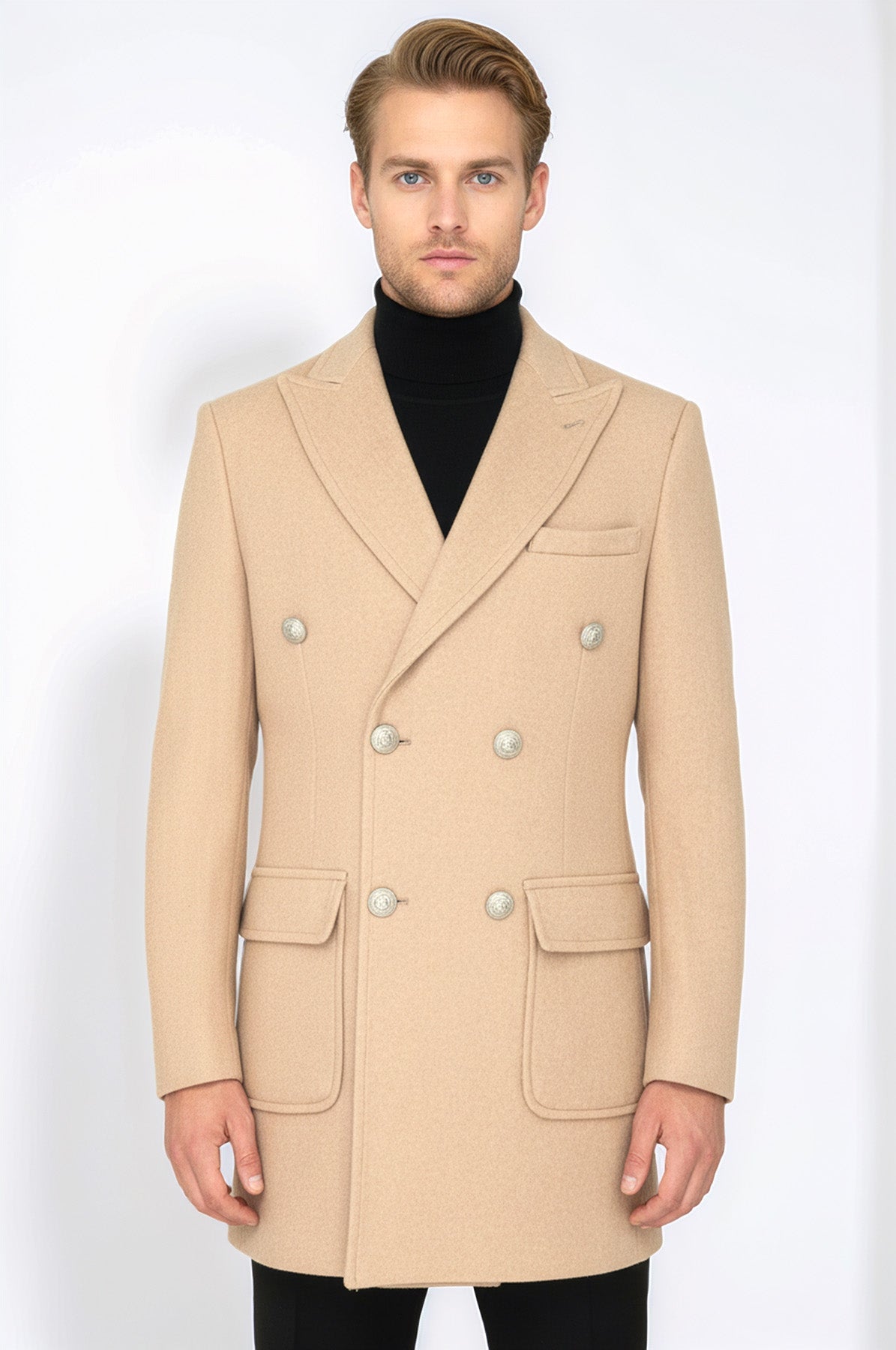 Metal Buttons Wool Cashmere Cream Men Double Breasted Coat - Wessi