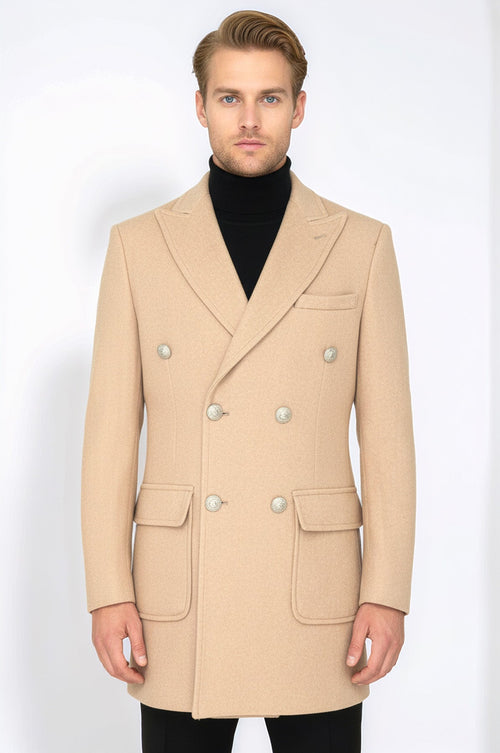 Metal Buttons Wool Cashmere Cream Men Double Breasted Coat - Wessi
