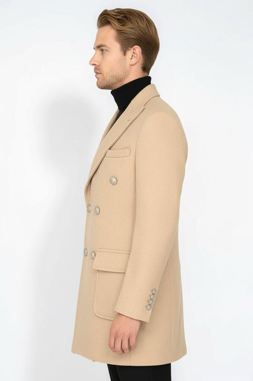 Metal Buttons Wool Cashmere Cream Men Double Breasted Coat - Wessi