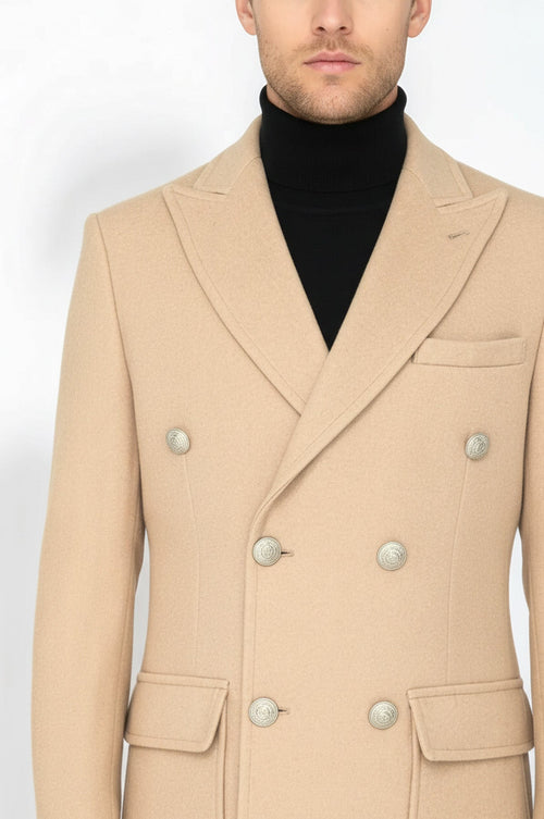 Metal Buttons Wool Cashmere Cream Men Double Breasted Coat - Wessi