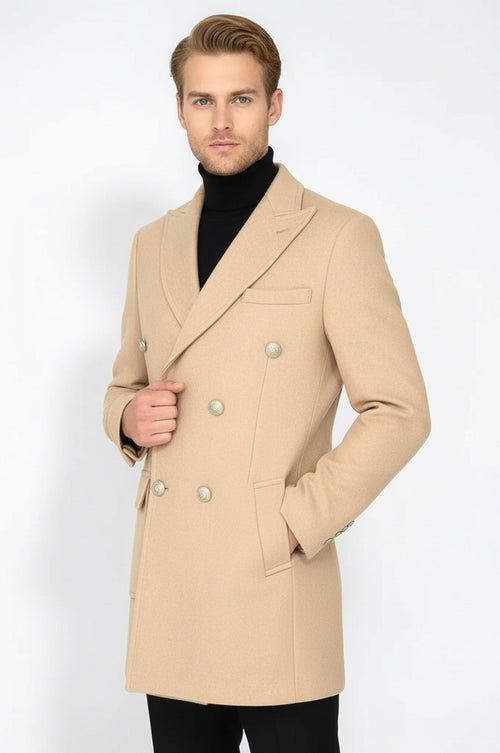 Metal Buttons Wool Cashmere Cream Men Double Breasted Coat - Wessi