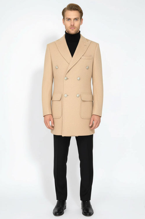 Metal Buttons Wool Cashmere Cream Men Double Breasted Coat - Wessi