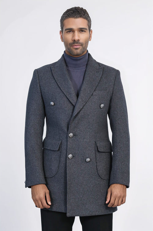 Dark Grey Metal Buttoned Double Breasted Long Coat - Wessi