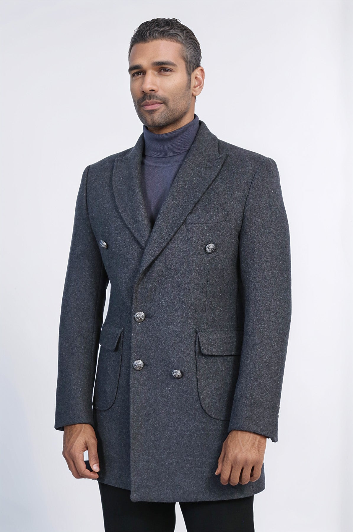 Dark Grey Metal Buttoned Double Breasted Long Coat - Wessi
