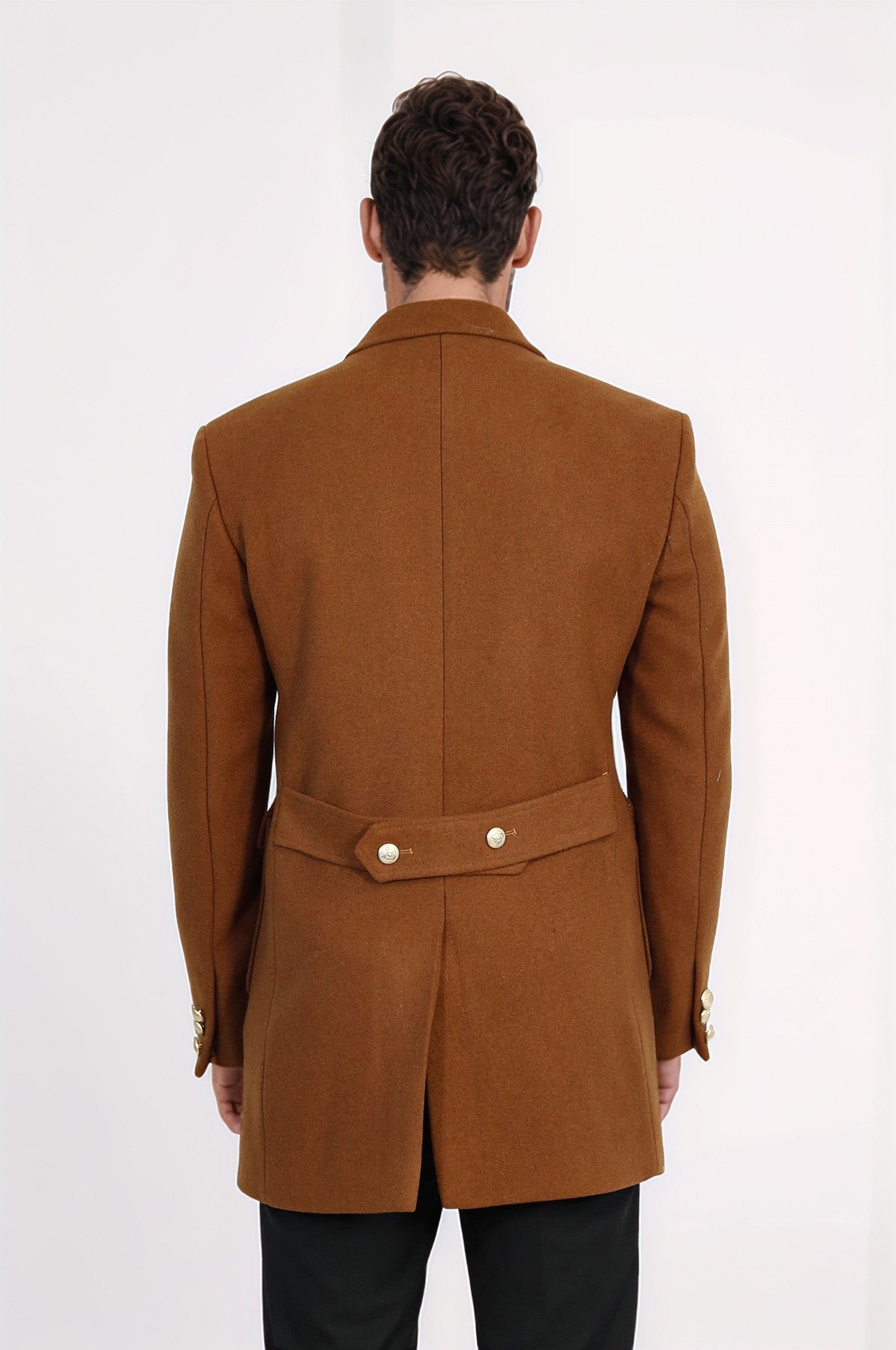Metal Buttoned Double Breasted Tan Men Coat - Wessi