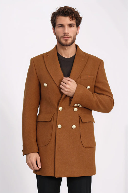 Metal Buttoned Double Breasted Tan Men Coat - Wessi