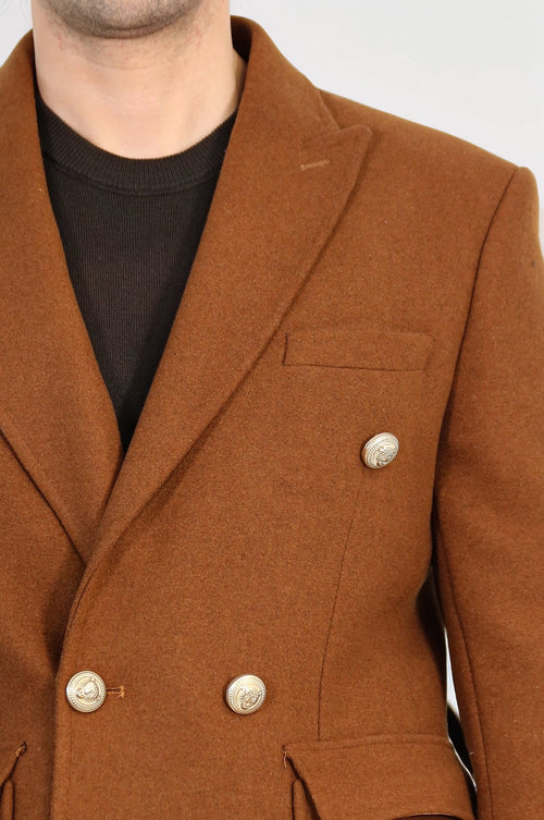 Metal Buttoned Double Breasted Tan Men Coat - Wessi