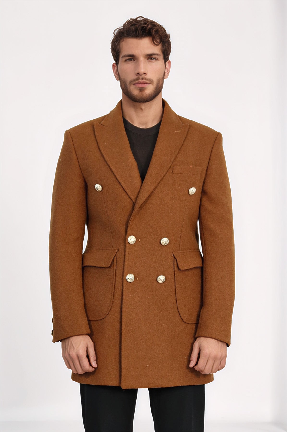 Metal Buttoned Double Breasted Tan Men Coat - Wessi